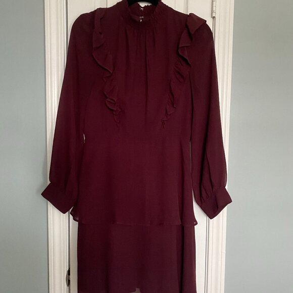 EXPRESS Burgundy Ruffle Chiffon Dress – Size Small - Picture 1 of 5